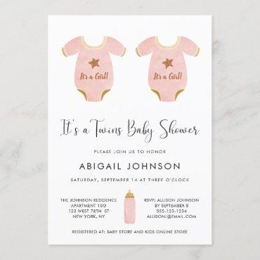 Twin Girls Pink Gold Watercolor Retro Baby Shower Invitation