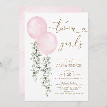 Twin Girls Watercolor Pink Balloons
