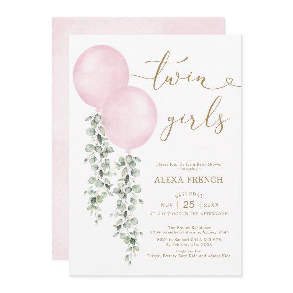 Twin Girls Watercolor Pink Balloons