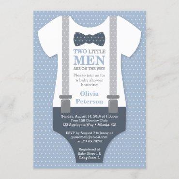 Twin Little Men Baby Shower Invitation, Blue Gray Invitation