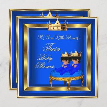 Twin Prince Baby Shower Royal Blue Gold Boy Crown Invitation