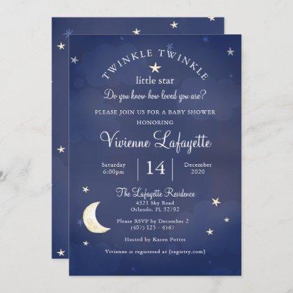 Twinkle Little Star and Moon Dark Blue Baby Shower Invitation