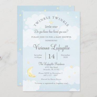 Twinkle Little Star and Moon Sky Blue Baby Shower Invitation