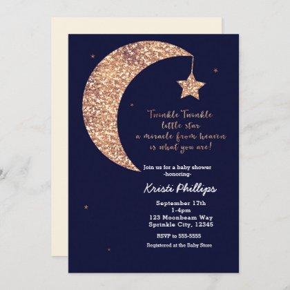 Twinkle Little Star Blue Bronze Moon Baby Shower Invitation
