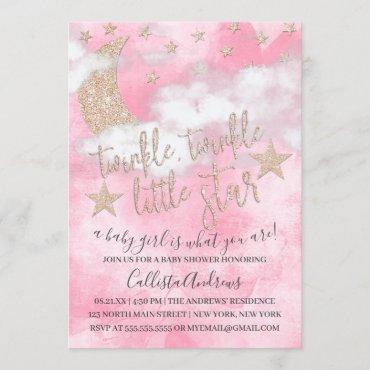 Twinkle Little Star Pink Glitter Girl Baby Shower Invitation