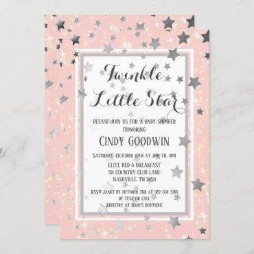 Twinkle Little Star Pink Silver Stars Baby Shower Invitation