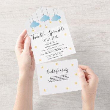 Twinkle Sprinkle Blue Clouds Gold Star Baby Shower All In One Invitation