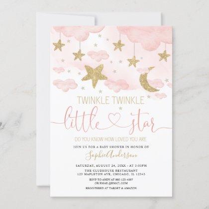  Twinkle Twinkle Little Star Pink Gold Baby Shower Invitation