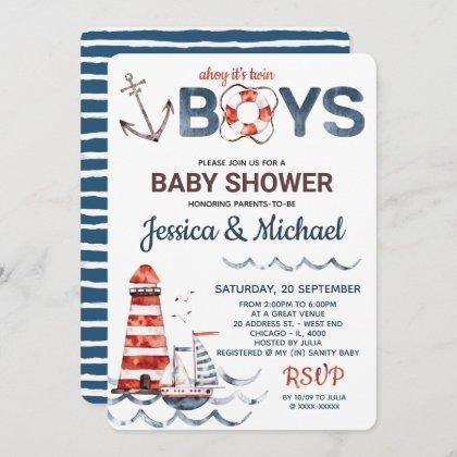 Twins Ahoy It's A Boy Nautical Baby Shower Invitation