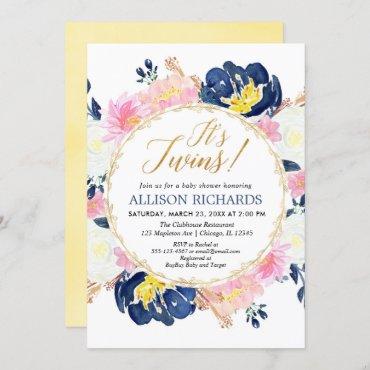 Twins baby shower girl and boy, floral watercolors invitation