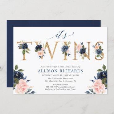 Twins baby shower, girl boy twins pink blue floral invitation