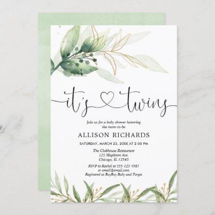 Twins baby shower greenery and gold simple elegant invitation