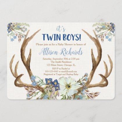 Twins boy baby shower invitation deer antlers boho