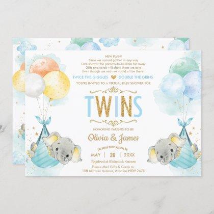 Twins Boys Elephant Virtual Baby Shower by Mail Invitation