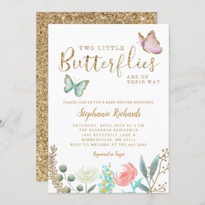 TWINS Butterfly Garden Gold Baby Shower Invitation