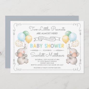 Twins Elephant Baby Shower Pastel Balloons Invite