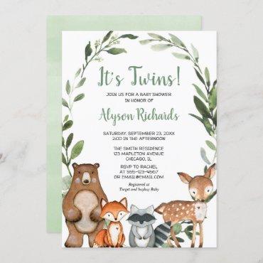 Twins gender neutral woodland greenery baby shower invitation