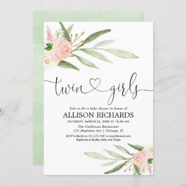 Twins girls, greenery gold pink floral baby shower invitation