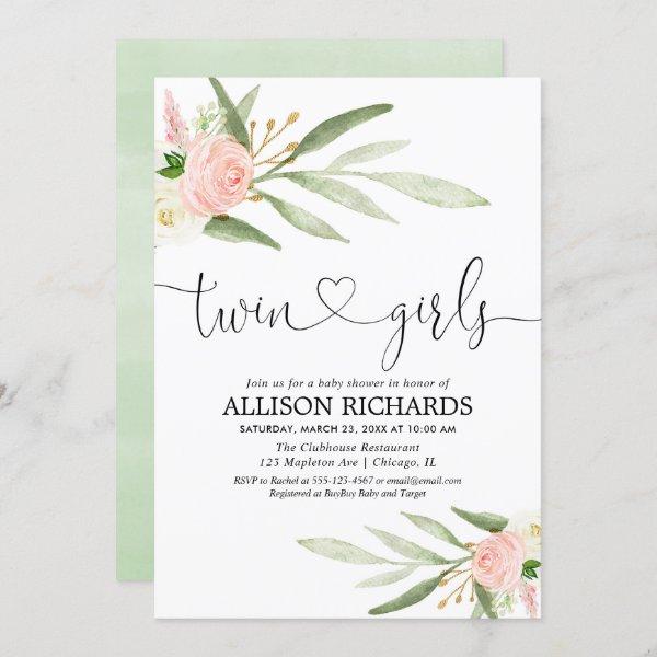 Twins girls, greenery gold pink floral