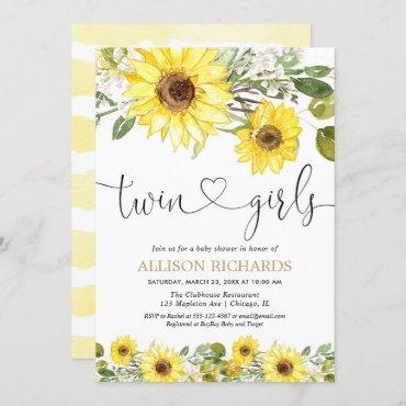 Twins girls yellow sunflower greenery baby shower invitation
