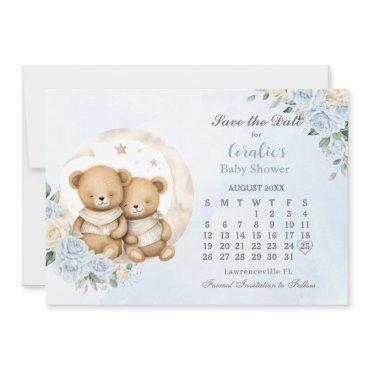 Twins Sleeping Bears Moon Blue Floral Baby Shower Save The Date