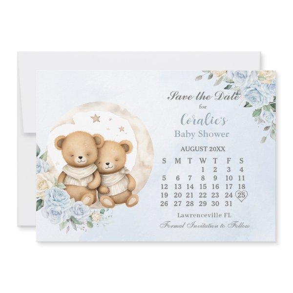 Twins Sleeping Bears Moon Blue Floral Baby Shower Save The Date