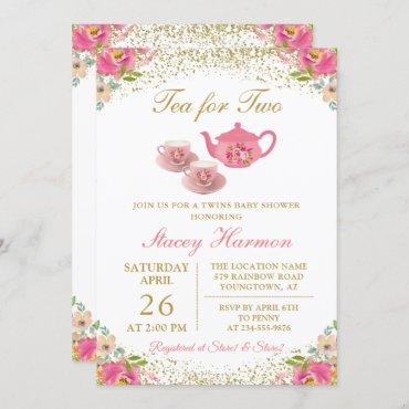 Twins Tea Party Floral Baby Shower With Details Invitation