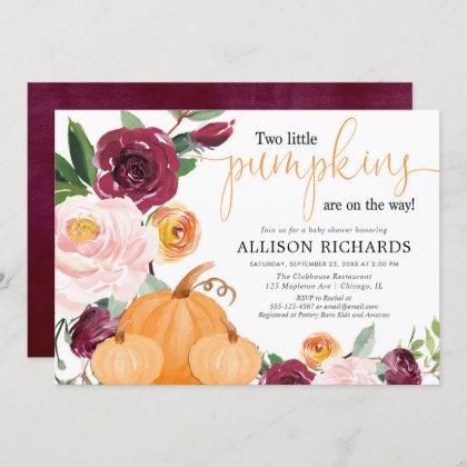 Twins two little pumpkins fall floral baby shower invitation