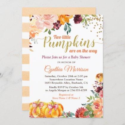 Two Little Pumpkins Autumn Twin Girl Baby Shower Invitation