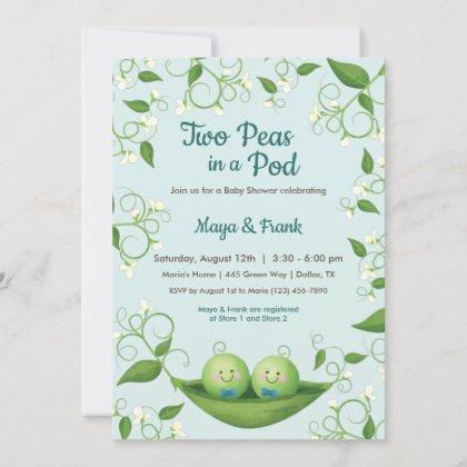 Two Peas in a Pod Baby Boy Shower Twins Invitation