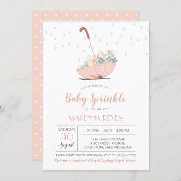 Umbrella with Flowers Girl or Twins Baby Sprinkle Invitation