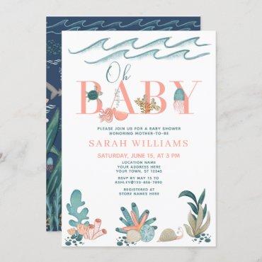 Under the Sea Coral Watercolor Oh Baby Girl Shower Invitation