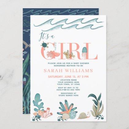Under the Sea Watercolor It's a Girl Baby Shower Invitation