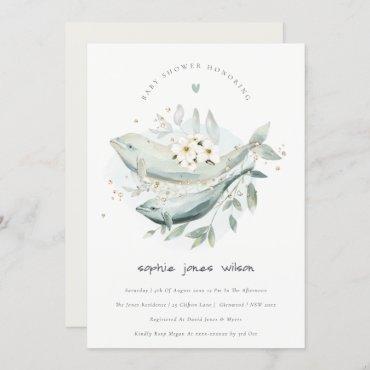 Underwater Floral Whale Fish Baby Shower Invite