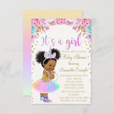Unicorn African American Princess Baby Shower In Invitation