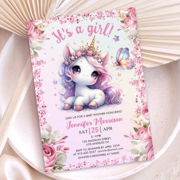 Unicorn Baby Shower Girl Pink Purple Floral Cute