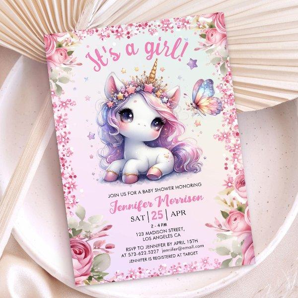 Unicorn Baby Shower Girl Pink Purple Floral Cute