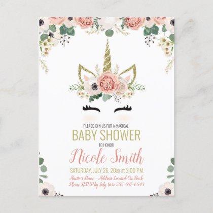Unicorn Baby Shower Pink Gold Floral Watercolor  Postcard