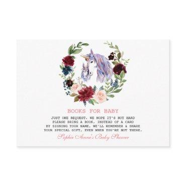 Unicorn Burgundy Flowers Books For Baby Shower Enclosure Card