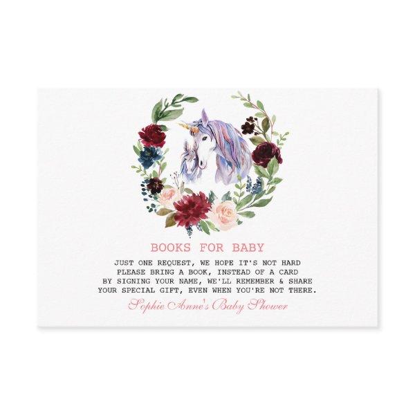 Unicorn Burgundy Flowers Books For Baby Shower Enclosure Card
