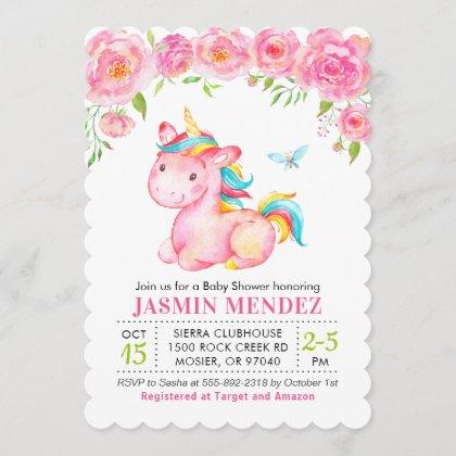 Unicorn Floral Pink Girl Baby Shower Sprinkle Invitation