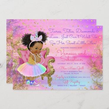 Unicorn Princess African American Glitter Gems Invitation