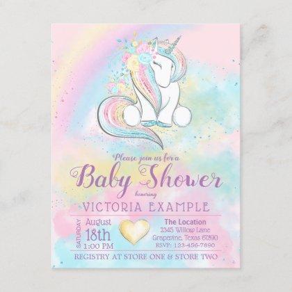 Unicorn Rainbow Girl Baby Shower Invitations