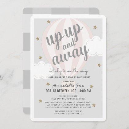 Up Away Hot Air Balloon Pink Drive-by Baby Shower Invitation