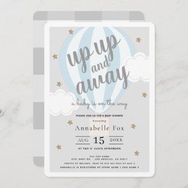 Up Up and Away Hot Air Balloon Blue Baby Shower Invitation