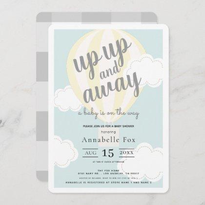 Up Up and Away Yellow Hot Air Balloon Baby Shower Invitation