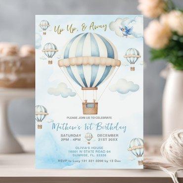 Up Up & Away Blue Hot Air Balloon Boy 1st Birthday