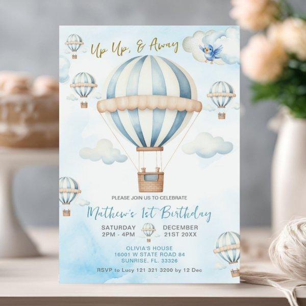 Up Up & Away Blue Hot Air Balloon Boy 1st Birthday