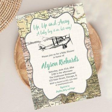 Vintage airplane boy baby shower travel map