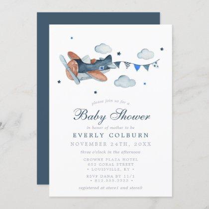 Vintage Airplane Clouds Watercolor Boy Baby Shower Invitation